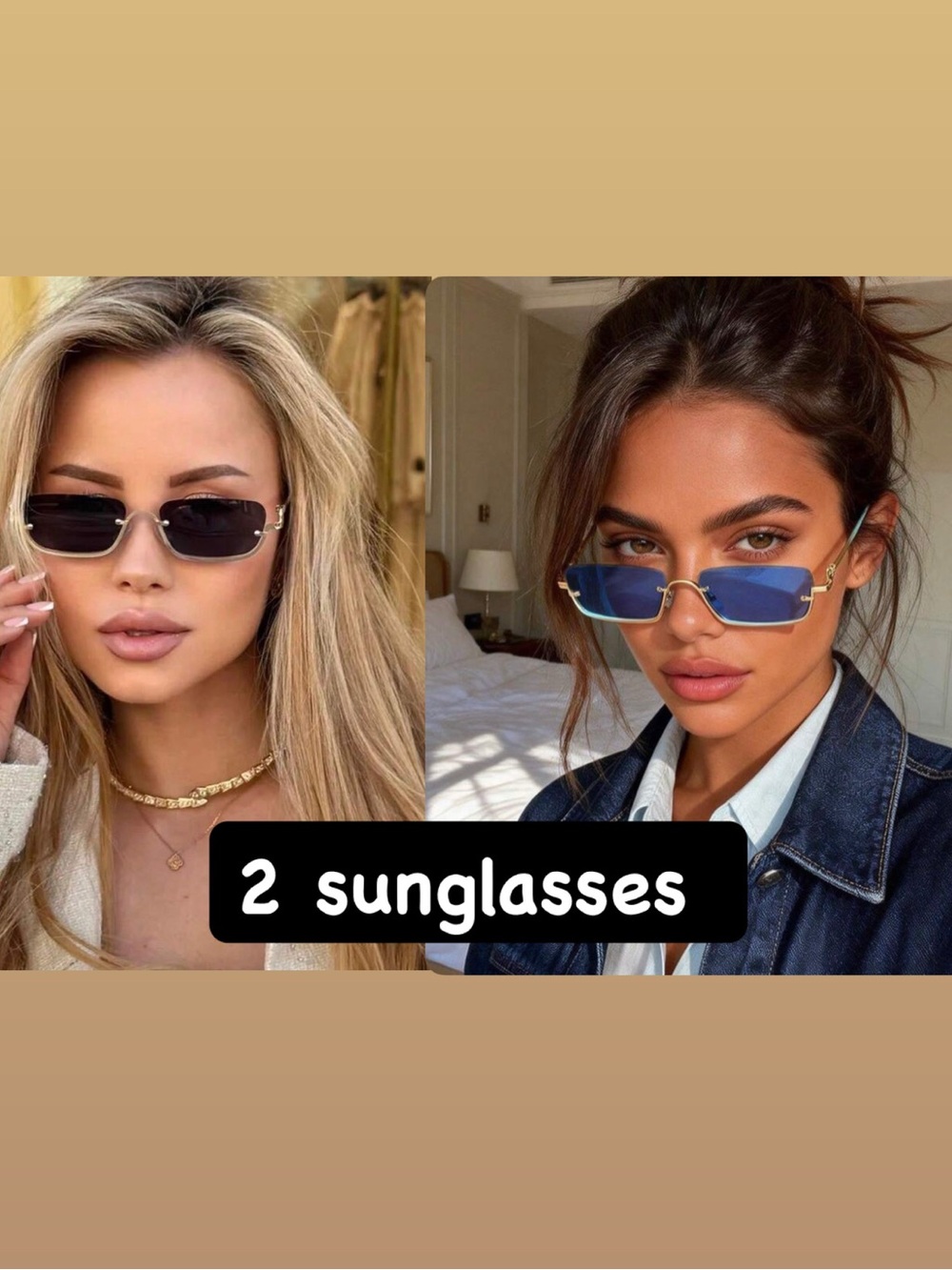 Rimless Rectangle Sunglasses - Black and Blue Lenses